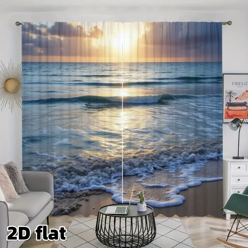 2D Flat 2Pcs Ocean Sunset Beach Curtains, Coastal Themed Rod Pocket Window Panels, Sea Wave Pattern Sheer, Semi Polyester Fabric, Suitable for Living Room Bedroom Kitchen Bathroom Balcony Decor, House Decoration, Easy to clean.