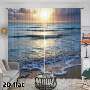 2D Flat 2Pcs Ocean Sunset Beach Curtains, Coastal Themed Rod Pocket Window Panels, Sea Wave Pattern Sheer, Semi Polyester Fabric, Suitable for Living Room Bedroom Kitchen Bathroom Balcony Decor, House Decoration, Easy to clean.