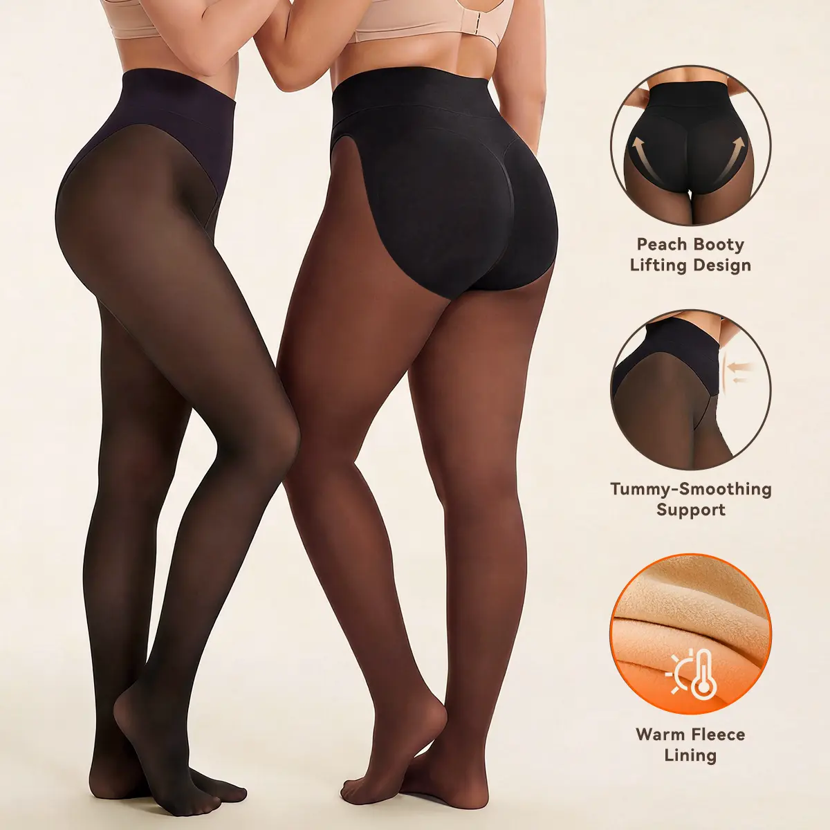 LUCKMEEY Peach Booty Lifting Fleece-Lined Tights for Women, Butt-Shaping Design, High-Waisted Tummy Control, Magic Skin Fake Sheer Thermal Pantyhose for Versatile Everyday Styling