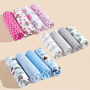 [4pcs Soft Flannel Blankets] 4pcs Soft & Cozy Kids' Flannel Swaddle Blankets |   Lightweight, Multifunctional Baby Wraps in Adorable Animal, Striped & Polka Dot Patterns, Mixed Colors (Pink, Blue, Brown, Gray, Green) - Perfect for Boys & Girls