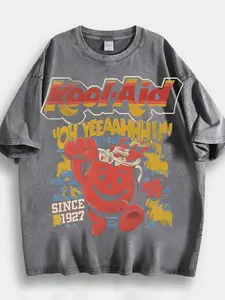 Loose Fit Hip-Hop T-Shirt for Men, 230g Pure Cotton, Creative Kool-Aid Cartoon Graphic Short Sleeve