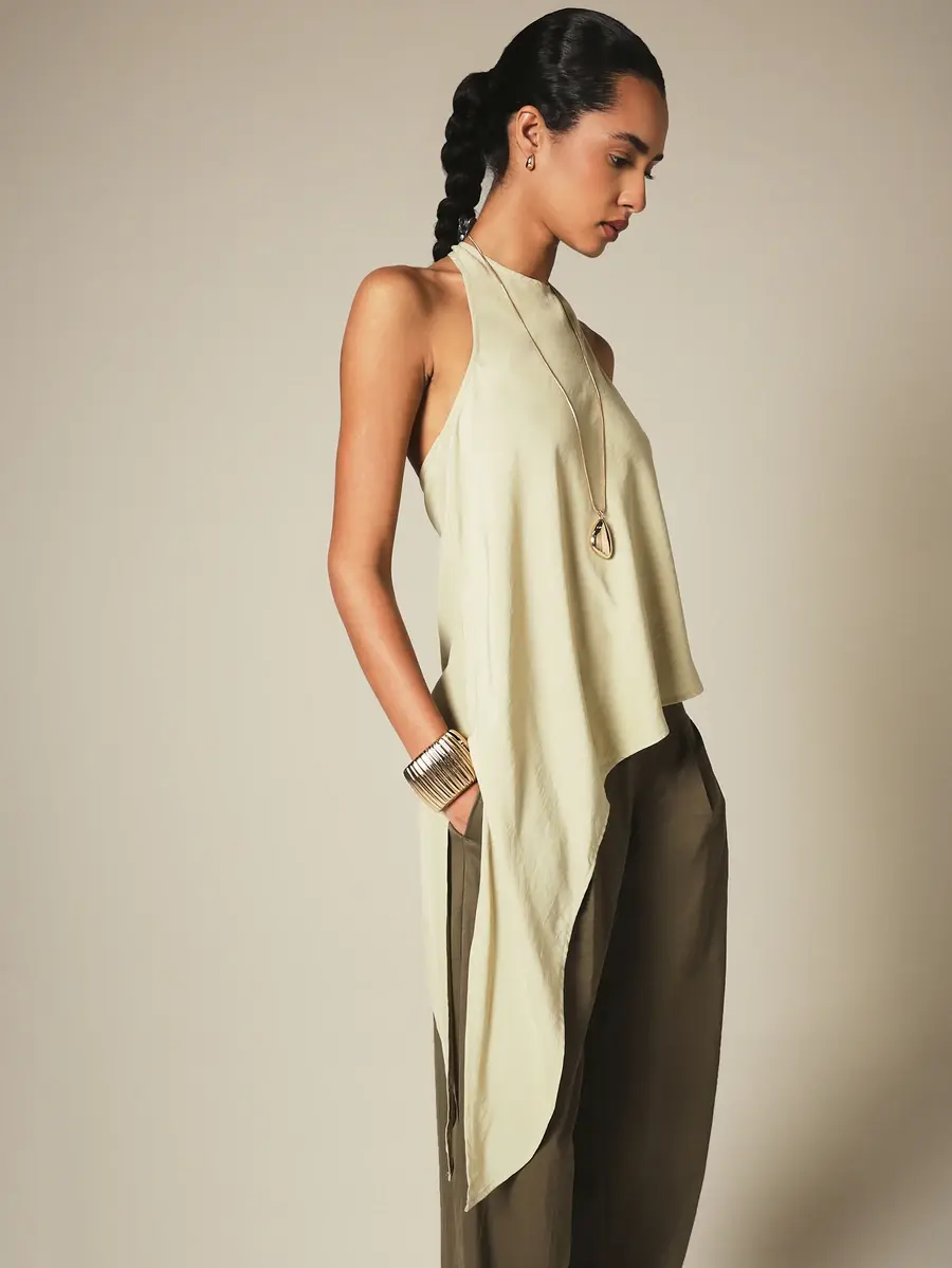 Halter Neck Asymmetric Drape Top With Open Back And Flowing Hem For Summer Evening Occasions