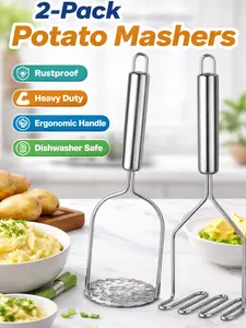 2PCS Stainless Steel Potato Masher Set – Heavy Duty Kitchen Masher for Potatoes, Avocado, Ground Beef & Vegetables
