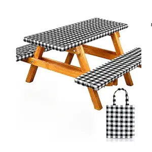 Picnic Table Cover with Bench Covers, 6ft Outdoor Elastic Waterproof Tablecloth, Fitted Table Cloth for Rectangle Tables for Camping RV, BBQ, 72x30 Inches 4 Pcs Set (Black & White)