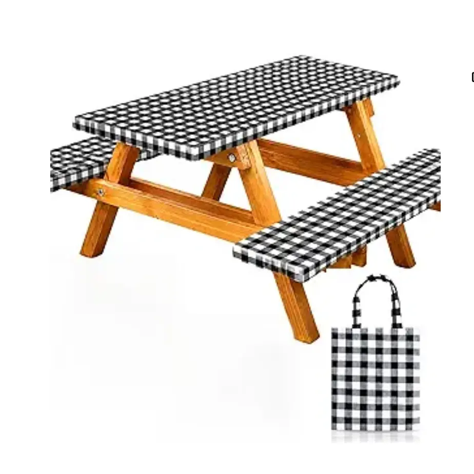 Picnic Table Cover with Bench Covers, 6ft Outdoor Elastic Waterproof Tablecloth, Fitted Table Cloth for Rectangle Tables for Camping RV, BBQ, 72x30 Inches 4 Pcs Set (Black & White)