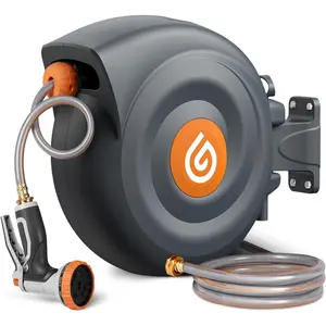 Retractable Expandable Garden Hose Reel 100ft 1/2" Leak-Proof Hose 10-Pattern Nozzle UV Resistant Brass Fittings 180° Swivel Bracket Multi-Purpose Anti-Rust for Outside, Leak-Proof