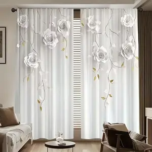 Elegant Floral Curtains Set of 2, Rose & Gold Accents, Semi-Transparent Light Blocking Drapes, Privacy Grommet Curtains for Living Room Bedroom Kitchen Office Home Decoration Curtain