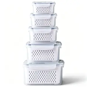 5 PCS Large Fruit & Vegetable Storage Containers for Refrigerator – Leakproof Food Storage Boxes with Removable Colander, Clear Plastic Produce Keeper, Berry, Meat & Snack Freshness, Microwave, Dishwasher & Freezer Safe, BPA Free