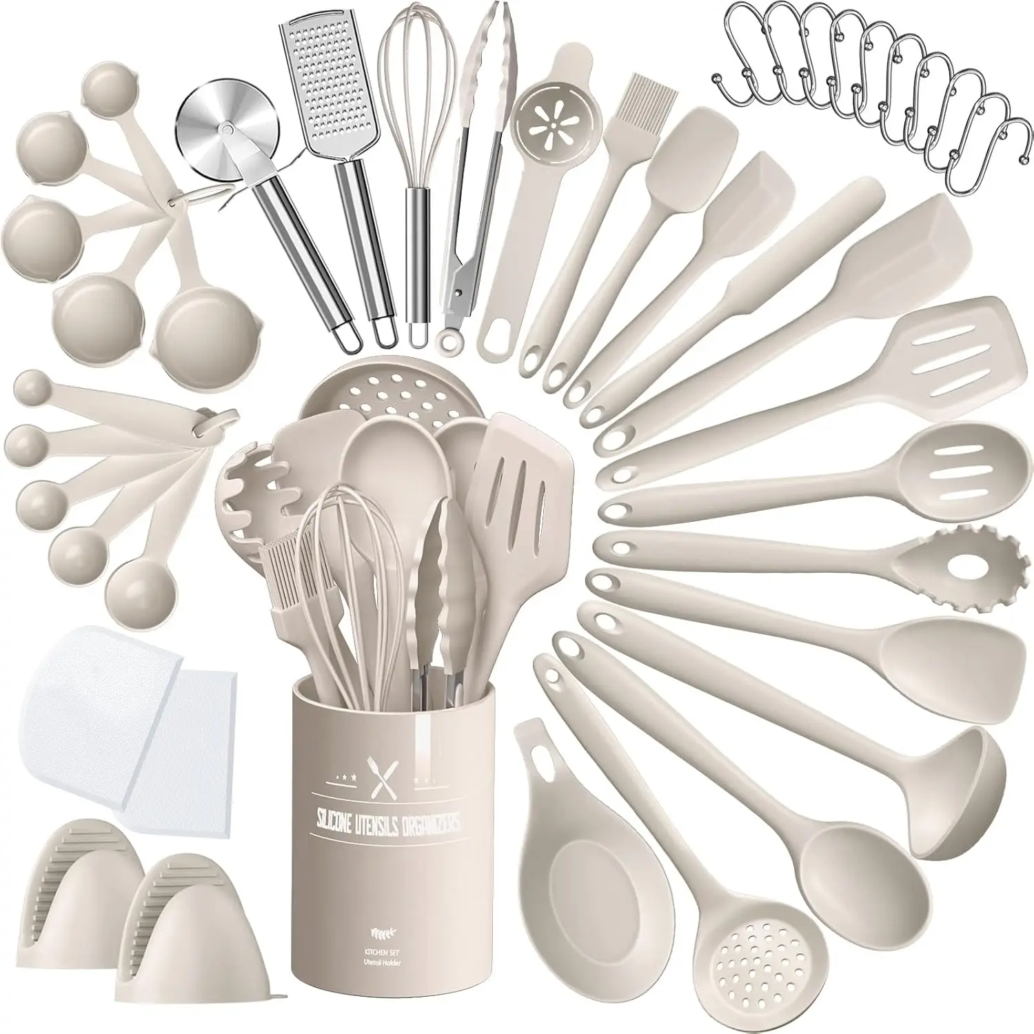 Silicone Kitchen cooking Utensils Set,  43 count Heat Resistant Khaki Cooking Utensils Set, Turner, Tongs, Spoon, Spatula, Kitchen Gadgets Tools Set For Nonstick Cookware(Dishwasher, BPA Free)