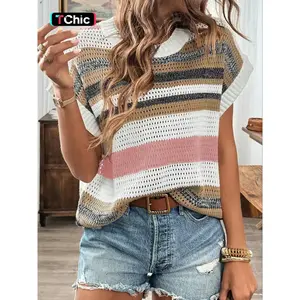 Women’s striped crew-neck sweater, casual short-sleeve jumper for everyday wear, ladies’ knitwear for all seasons, tops, womenswear, knitting