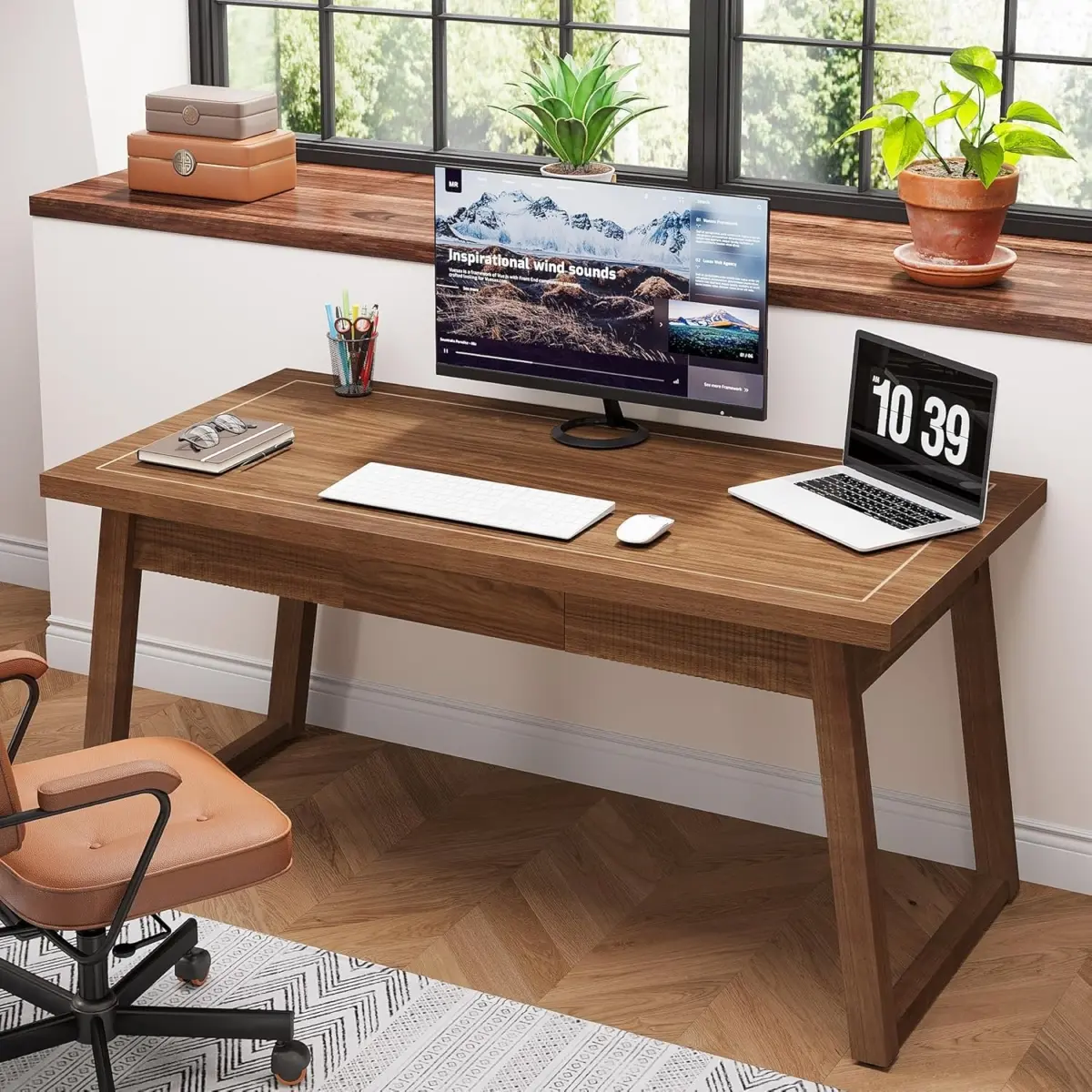 360 Stand TB-YS0322 55 in. Mid-Century Modern Executive Solid Wood Desk - Rustic Walnut Brown, Trapezoid Frame, Drawer Storage, Solid Wood Legs, Easy Setup, Drawers Desks, Executive Luxury Desks