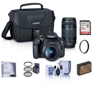Canon EOS Rebel T7 DSLR Camera with EF-S 18-55mm and EF 75-300mm Lens Essential Bundle with Bag, Battery, Filter Kit, 32GB SD Card, Screen Protector, Cleaning Kit
