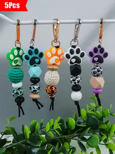 Set of 5 Macaron Color Beaded Keychains, Cute Soft Handmade Cat Paw Print Design, Perfect Gift for Pet Lovers, Friends, Holidays, Crochet Keychain Pendant