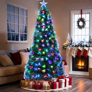 Fiber Optic Christmas Tree Pre-Lit Artificial Xmas Tree with Multicolor Flashing Lights Top Star Foldable Metal Base for Indoor Holiday Home Decoration Festive Ornaments