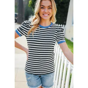 Seize The Day Blue Trim Black & Ivory Stripe Knit Top