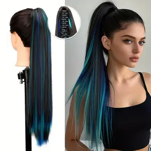 Sweet Cool Style Dipped Color Fake Ponytail, Fashion Dipped Color, Puffy Full Volume, Clip-On Long Straight Realistic Fake Ponytail