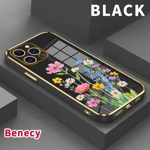 Luxury Plating TPU Mobile Phone Case for iPhone 15 Pro Max 16 14 Plus 13 12 11 X XS Max XR Cute Little Flower  Classic Square Deisgn Lightweight Soft Cellphone Cover