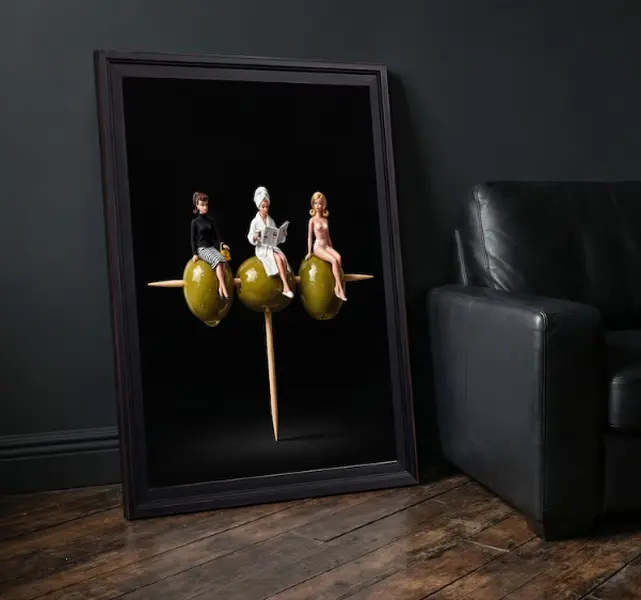 [25% OFF] [UNFRAMED]    Surreal Vintage Barbie Style Figures On Green Olives Quirky Kitchen Poster