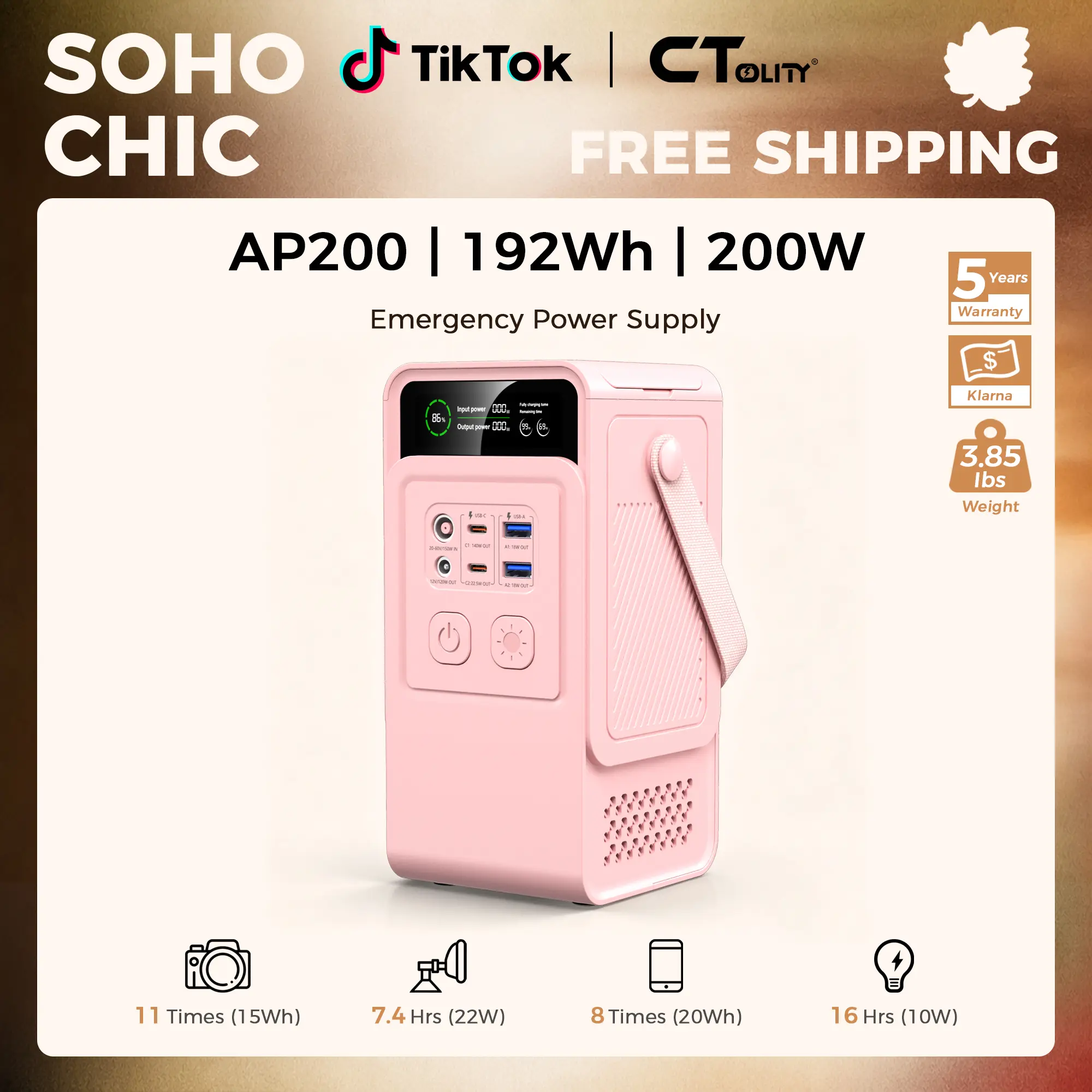 [SohoChic] CTOLITY AP200 Portable Power Bank 192Wh 200W LiFePO4 Battery 4000 + Cycle 140W Fast Charging  LED DC Solar 150W, Accessories, Mobile, Portable Power Station, Chargeable, Backup Battery Power Supply, [Power Outage Survival], TiktokShopStockup