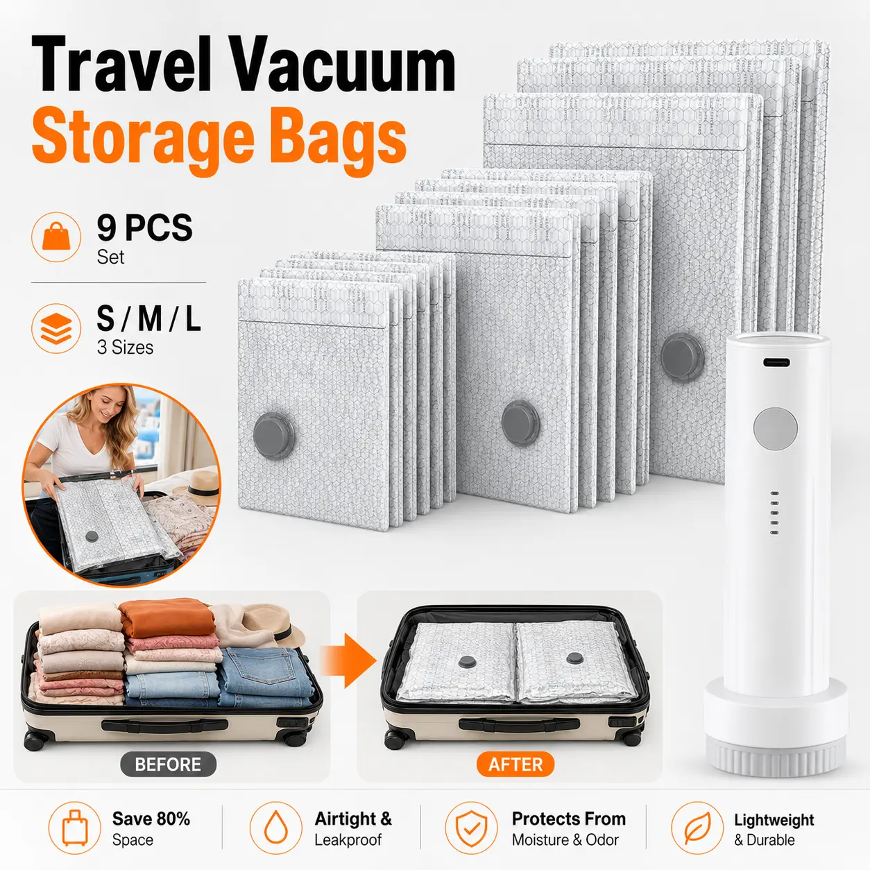 18-Pack Vacuum Storage Bags with Portable Electric Pump, 80% Space-Saving Reusable Compression Bags for Clothes, Blankets, Home Organization