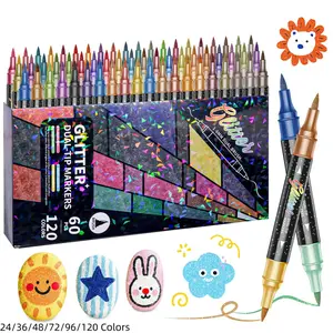 24/48/72/96/120-Color Glitter Effect Brush Markers,Dual-Tip Dual-Color 1-5mm Soft Brush Shimmer Markers for Doodle Writing, Glitter Art Crafts, Adult DIY Crafts, and Greeting/Birthday Card Making