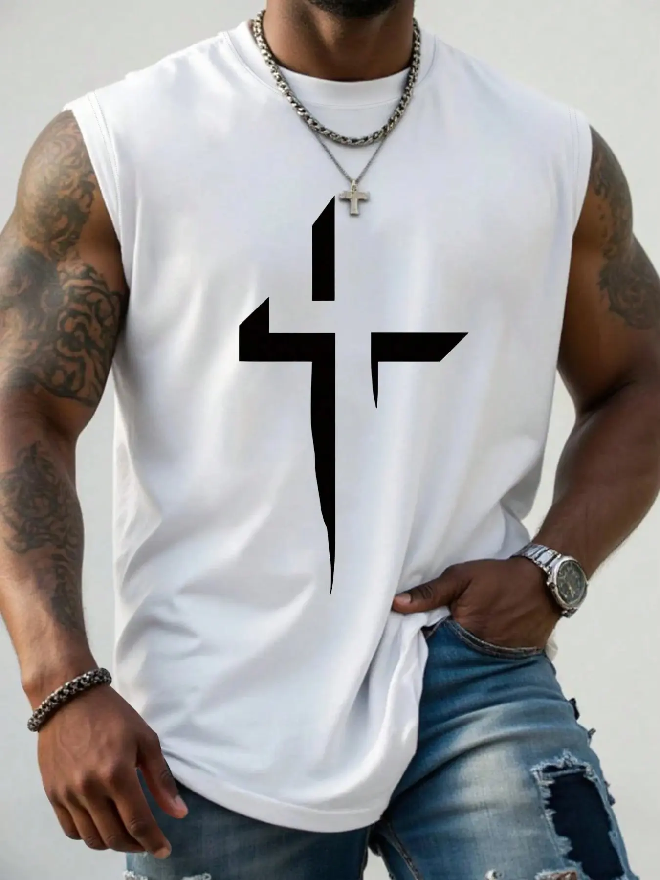 Unisex White Geometric Cross Graphic Tank Top, Gothic Streetwear, Muscle Fit Sleeveless T-Shirt, Perfect For Summer Gym, Gym Clothes Workout, Casual Gym Vests, Street Style & Daily Casual Wear, Casual Sports Vest