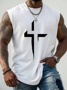 Unisex White Geometric Cross Graphic Tank Top, Gothic Streetwear, Muscle Fit Sleeveless T-Shirt, Perfect For Summer Gym, Street Style & Daily Casual Wear, Casual Sports Vest