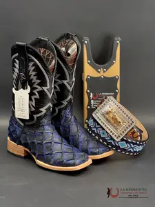 RANCHERS EXOTIC BLACK ELECTRIC/BLUE SOLAR FISH BOOTS SQ. TOE