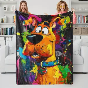 A graffiti-style Scooby-Doo printed flannel blanket, Portable throw blanket, a black background with colorful splattered paint textures, trendy, cool design, perfect for cartoon fans, soft, comfortable, portable, excellent gift
