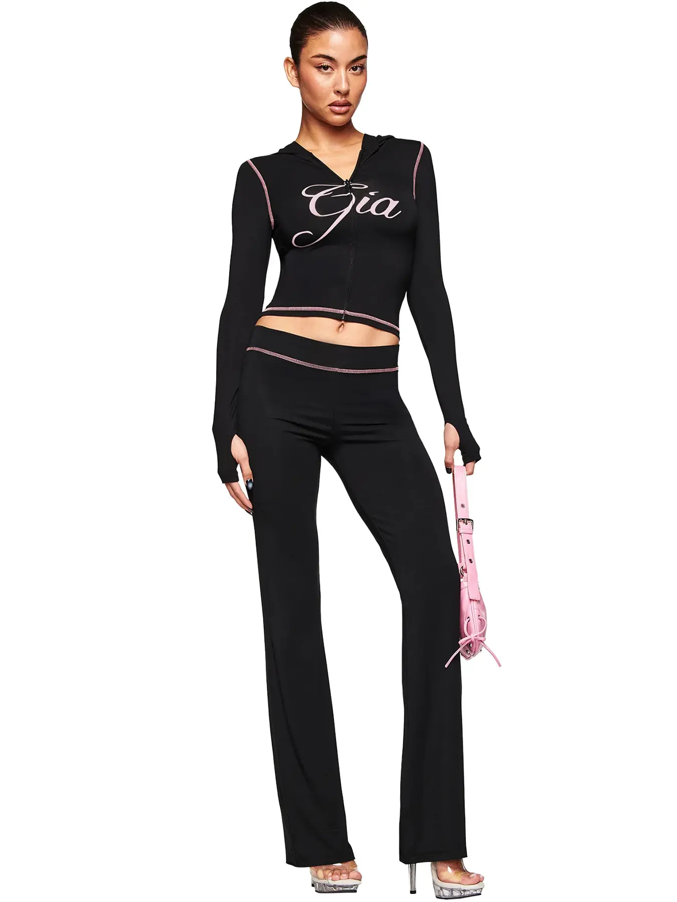 Ins-style solid color women's sexy right-shoulder two-piece long-sleeve set with visible stitching