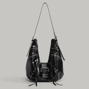 Niche retro sweet and cool biker horn  with a high-end feel, studded shoulder and crossbody , large-capacity tote  beaded oil Leather Mummy Double-Sided lobster handbags luxury designer real single-shoulder bag mexican