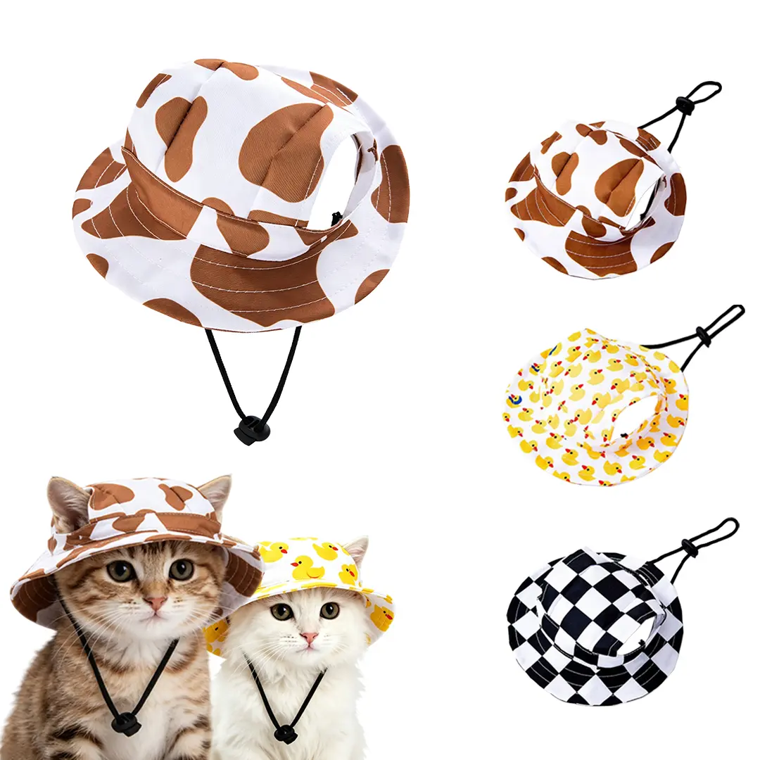 Pet Bucket Hat, Adjustable Dog Cat Sun Hat, Lightweight Polyester Outdoor Sun Protection Cap with Ear Holes, Cute Printed Hat for Small Medium Pets