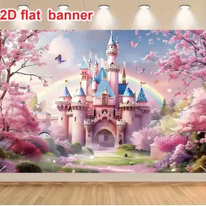 Fairy Tale Castle Background with Cherry Blossom Forest & Rainbow, Polyester Material, No Battery Required, Perfect for Photography