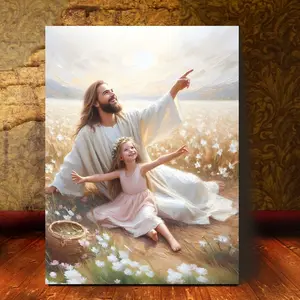 1pc Art Deco Jesus and Girl Canvas Wall Art, Christian Religious Print, LDS Bible Sketches, Spiritual Home Decor Cotton Matte Minimalist Ornaments Traditional wall decor poster