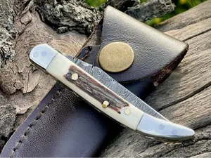 HAND FORGED Texas Toothpick Damascus Stag/Antler Folding Pocket Knife