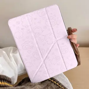 Line Bear  Cute Cartoon Case Tablet Cover For iPad 10th 11th A16 10.9 Air 11 13 M2 M3 Mini 6 Pro 11 7th 8th 9th 10.2 Air 4 Air 5 10.9 Pro 12.9 Samsung Galaxy Tab Redmi Xiaomi Pad  Huawei MatePad Auto Sleep Awake Pencil Slot