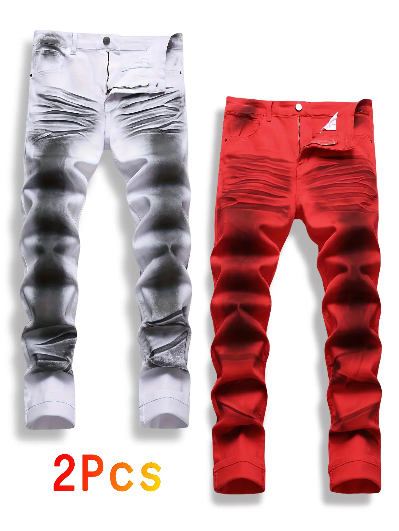 2-pack printed stretch slim-fit jeans, men's red and white printed whisker-print stretch slim-fit jeans, casual pants, jeans, vintage casual slim-fit pants, black jeans, street stretch jeans, pocket jeans skate  pants multi pocket color solid y2k  pants d