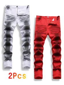 2-pack printed stretch slim-fit jeans, men's red and white printed whisker-print stretch slim-fit jeans, casual pants, jeans, vintage casual slim-fit pants, black jeans, street stretch jeans, pocket jeans skate  pants multi pocket color solid y2k  pants d