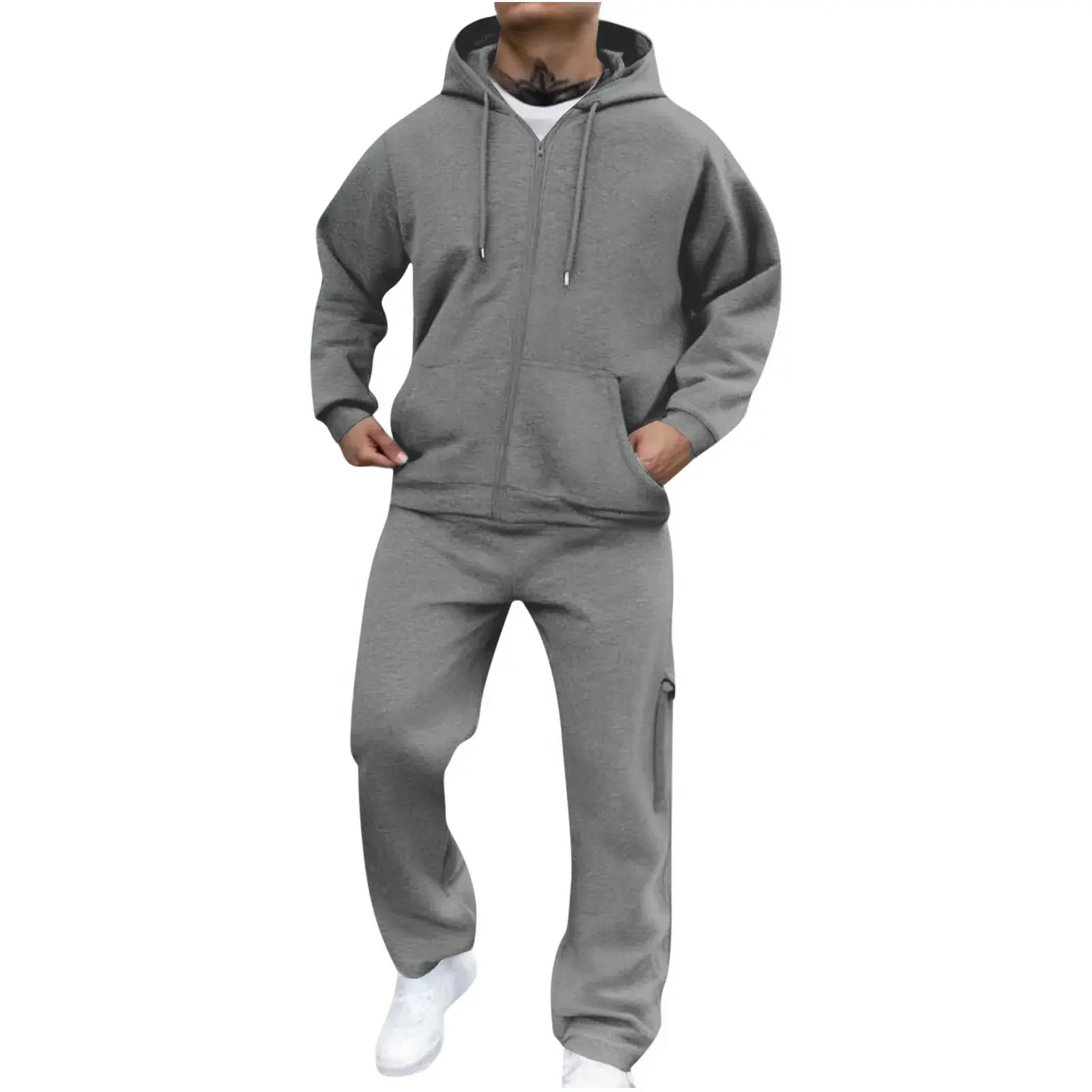 Brnmxoke Mens Lightweight Track Suits Full Zip Hooded Sweatshirt Sets Matching Wide Leg Cargo Pants 2 Piece Outfit Dark Gray,Xl