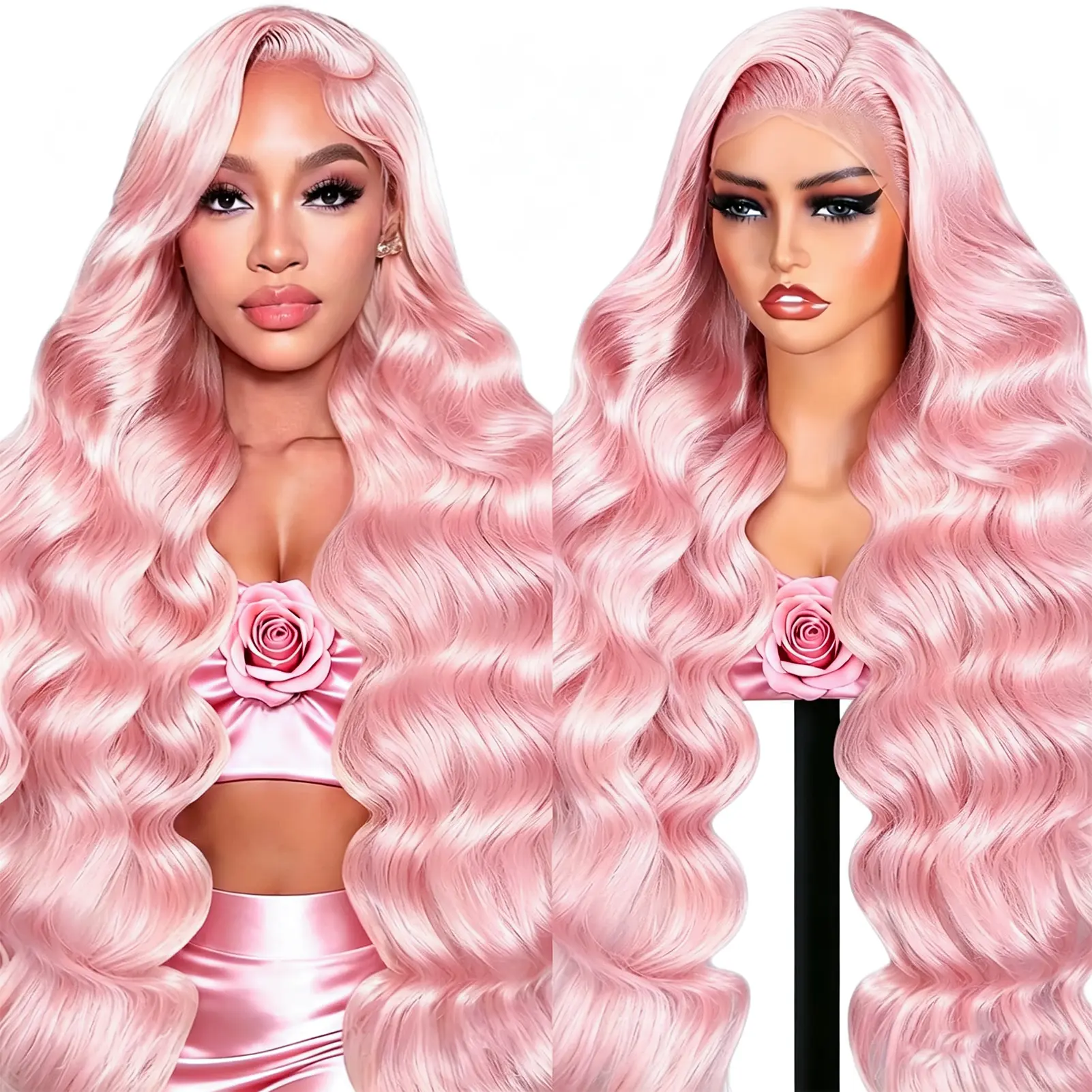 MIRELLE 13x6 Synthetic Pink Lace Front Wigs for Women HD Transparent Body Wave Lace Frontal Wig Pre-Plucked with Baby Hair Heat Resistant Fiber 30 Inches 220 Density #Pink