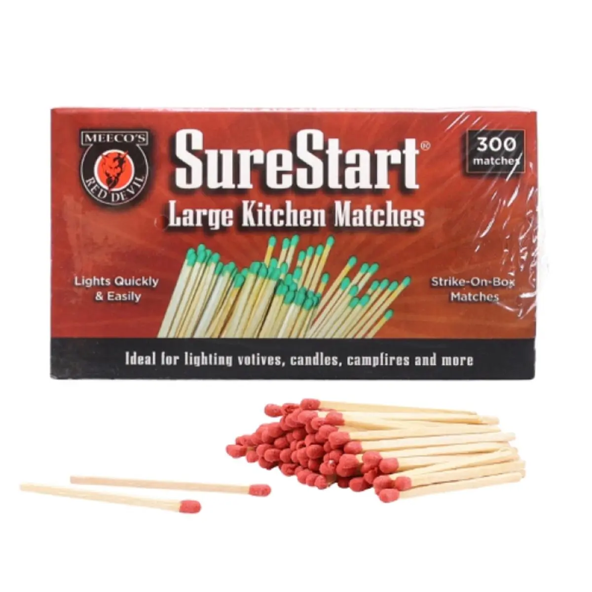 Meeco Manufacturing Large Kitchen Strike-On-Box Wooden Matches - 300 per Pack (2 Packs, 600 Total, 0.5 lbs), Outdoor-Ready Fire Starter for Lighting Candles, Party Use, Grills, Gas Appliances