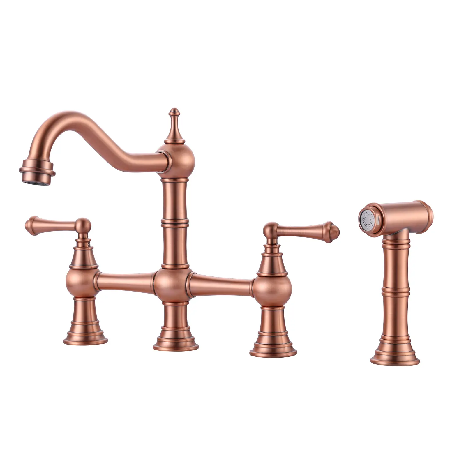 WOWOW Solid Brass & Copper 8-in Centerset Bridge Kitchen Faucet - 4-Hole, 2-Handle, Glam Arc Spout, High-Pressure Side Sprayer, French Country Rustic Classic Fixture with Instruction Manual, 7.76 lbs, 90-Day Limited Return (for Kitchen, Garden)