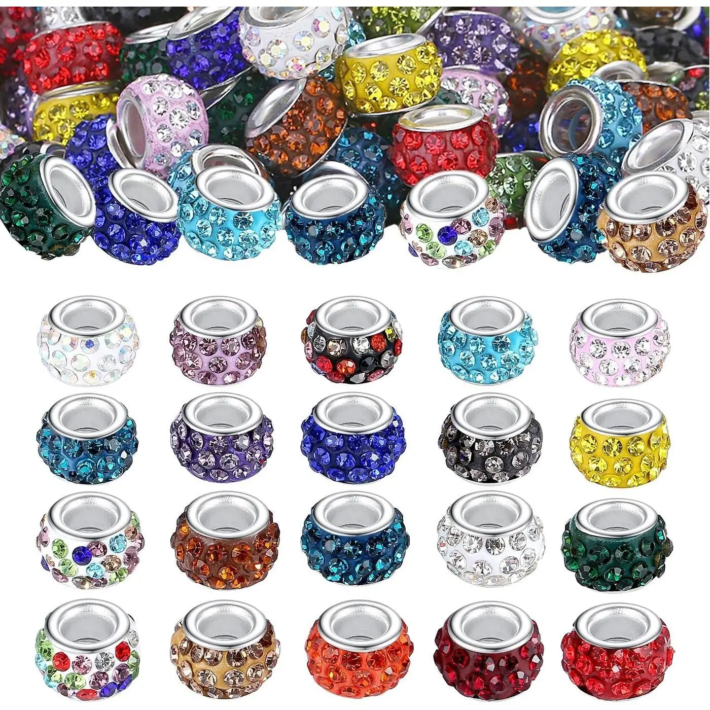 120 count Large Hole Beads Rhinestone European Beads for Bracelet  Making 12mm  Snake Chain Supplies DIY Crafts Charm  Rondelle Spacer Beads for Pens(Mixcolors)