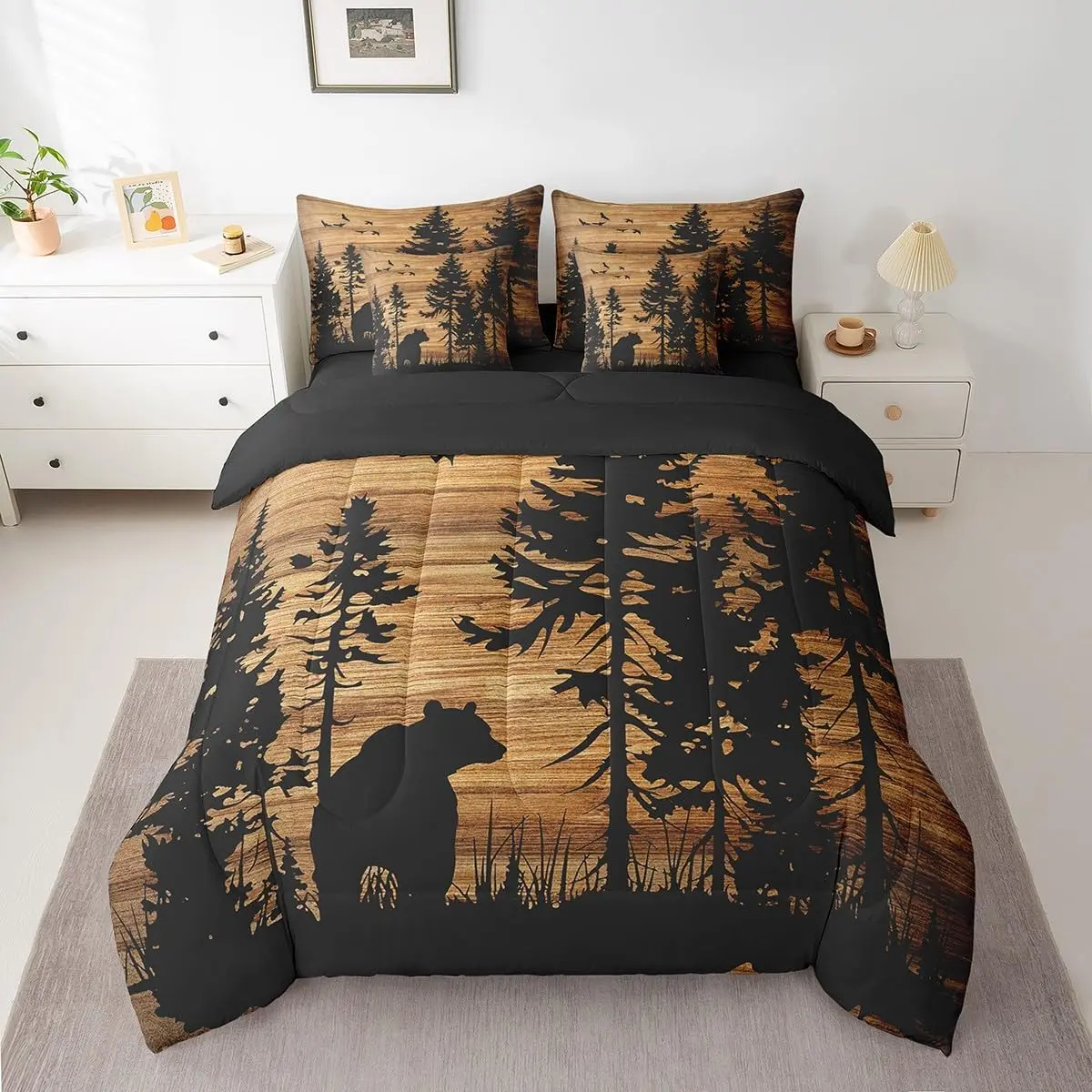 Feelyou 7-Piece Bear Comforter Set - Western Rustic Cabin Bedroom Bedding Set, Vintage Brown Wood Decorative Bed-in-a-Bag with Comforter, Sheets, Pillowcases, Cushion Covers, Decorative Bedding Set