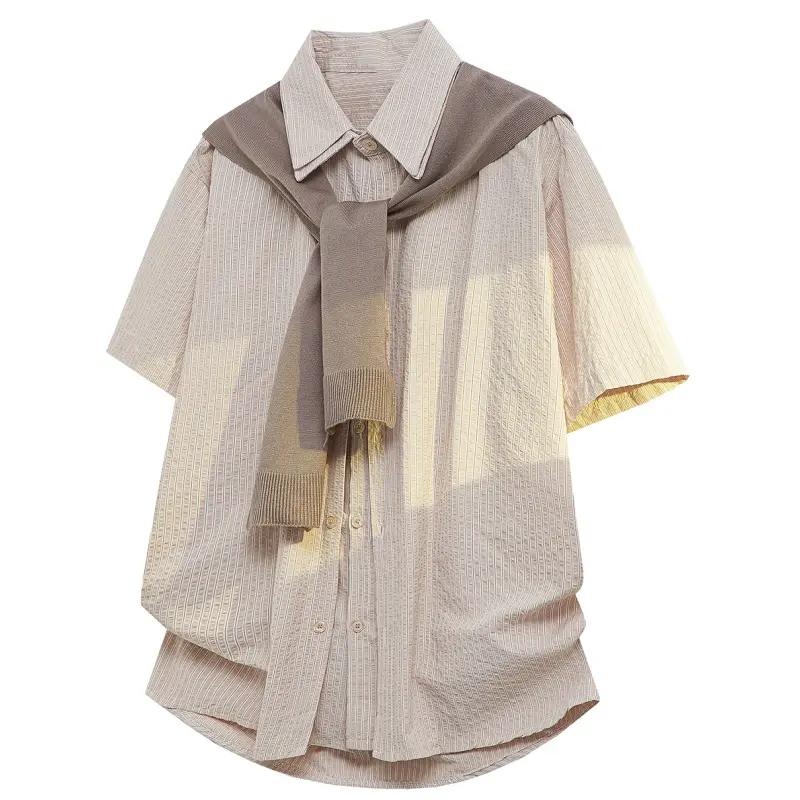 New summer men’s short-sleeve shirt with detachable scarf stripe detail; trendy, versatile casual men’s short-sleeve top; minimalist, refined design with contrast color lapel—fashionable men’s top. #SummerWins