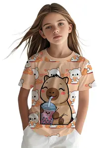 Cartoon Short Sleeve T-Shirt, Girls' Summer Top, Fashion Casual Kids Clothes, Loose-Fitting, Graphic Pattern, No Collar