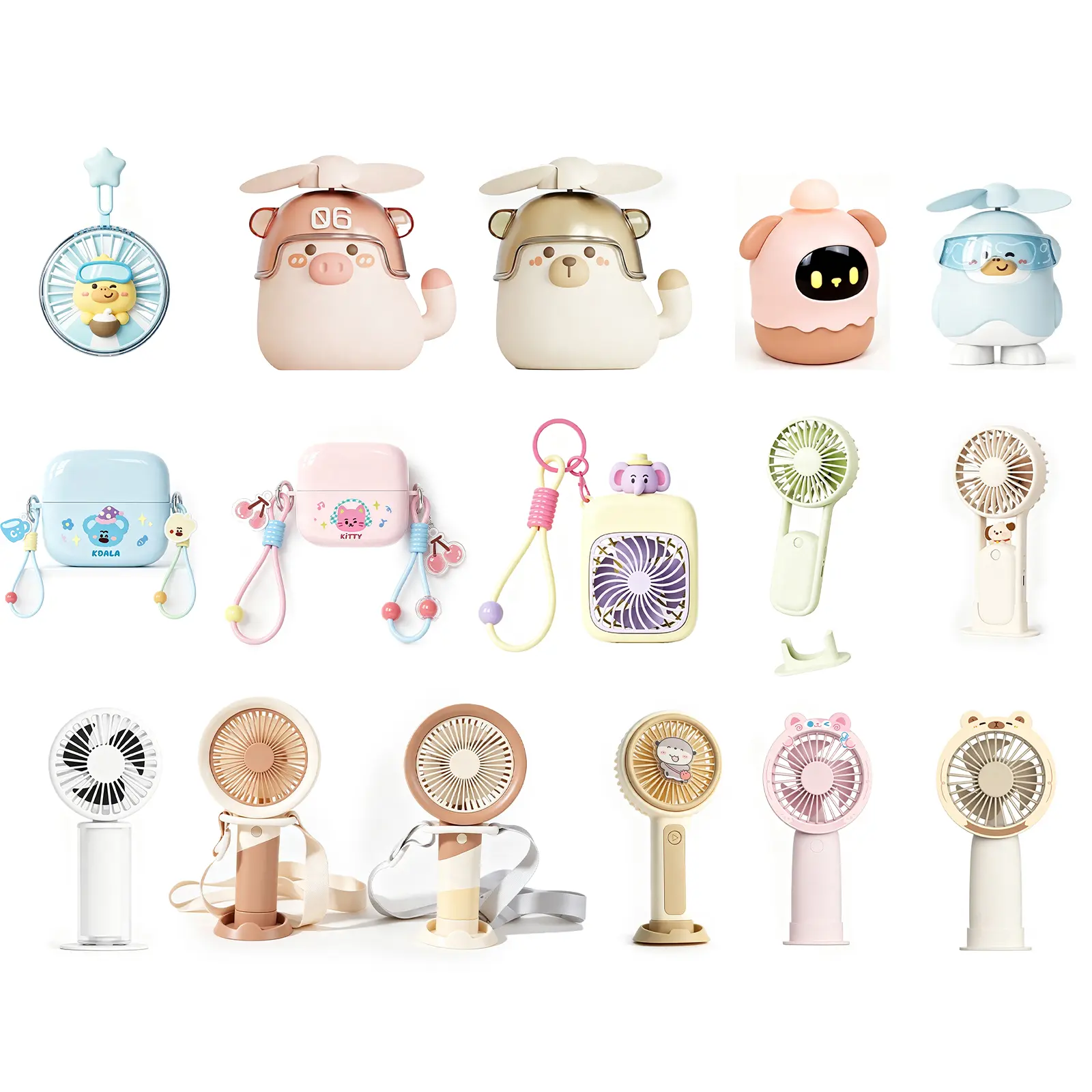 15Pcs Cute Cartoon Handheld Mini Fan Collection, USB Rechargeable Portable Personal Fan with Lanyard & Stand, 3 Speed Adjustable Small Fan for Makeup Travel Camping, Kawaii Summer Gift for Girls Boys Women