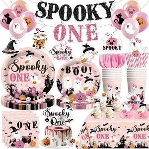 Spooky One Birthday Decorations Girl, the Spooky One Banner Balloons Plates and Napkins Tableware Set Halloween 1st Birthday Pumpkin Ghost Bat Party Decorations for Girls