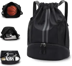 Sports Drawstring Backpack, Waterproof Swim Gym String Bag with Shoe Compartment Anti-thief Zipper Pocket for Men Women,Soccer Basketball Bag for Travel or Fitness
