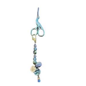 Turquoise Bird Themed Embroidery Scissors with Handmade Antique Glass Bead Fob & Golden Bee Charms